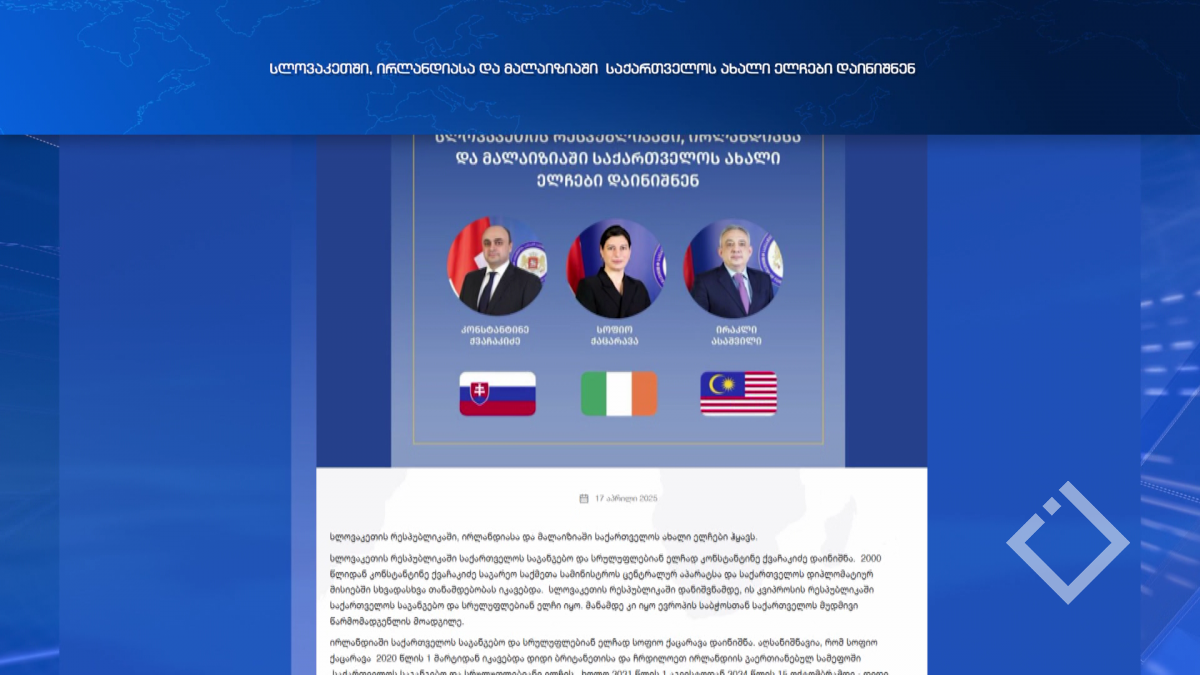 სლოვაკეთში, ირლანდიასა და მალაიზიაში საქართველოს ახალი ელჩები დაინიშნენ